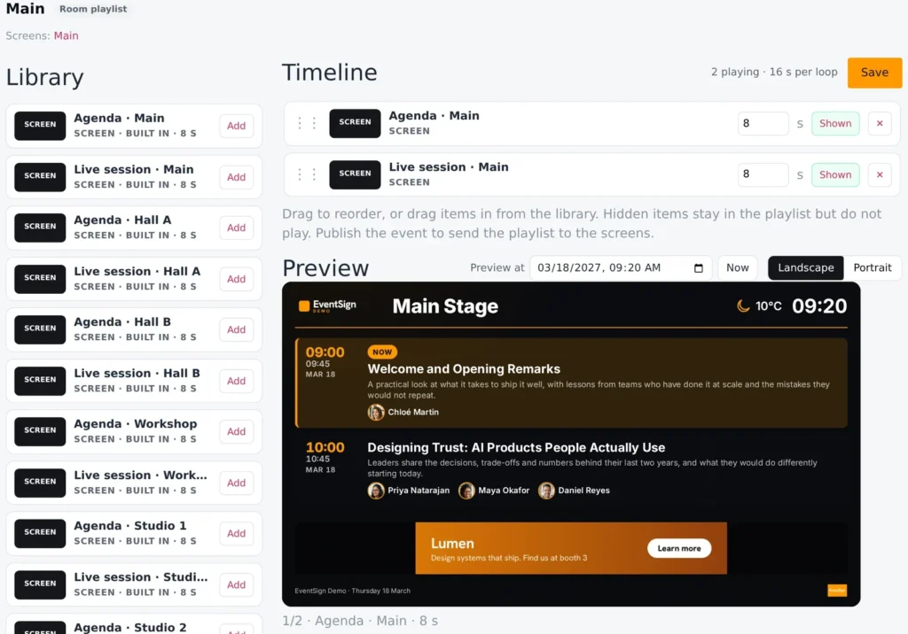 The EventSign app's playlist editor: the content library, the room's timeline with a duration per item, and a live preview of the Main Stage screen