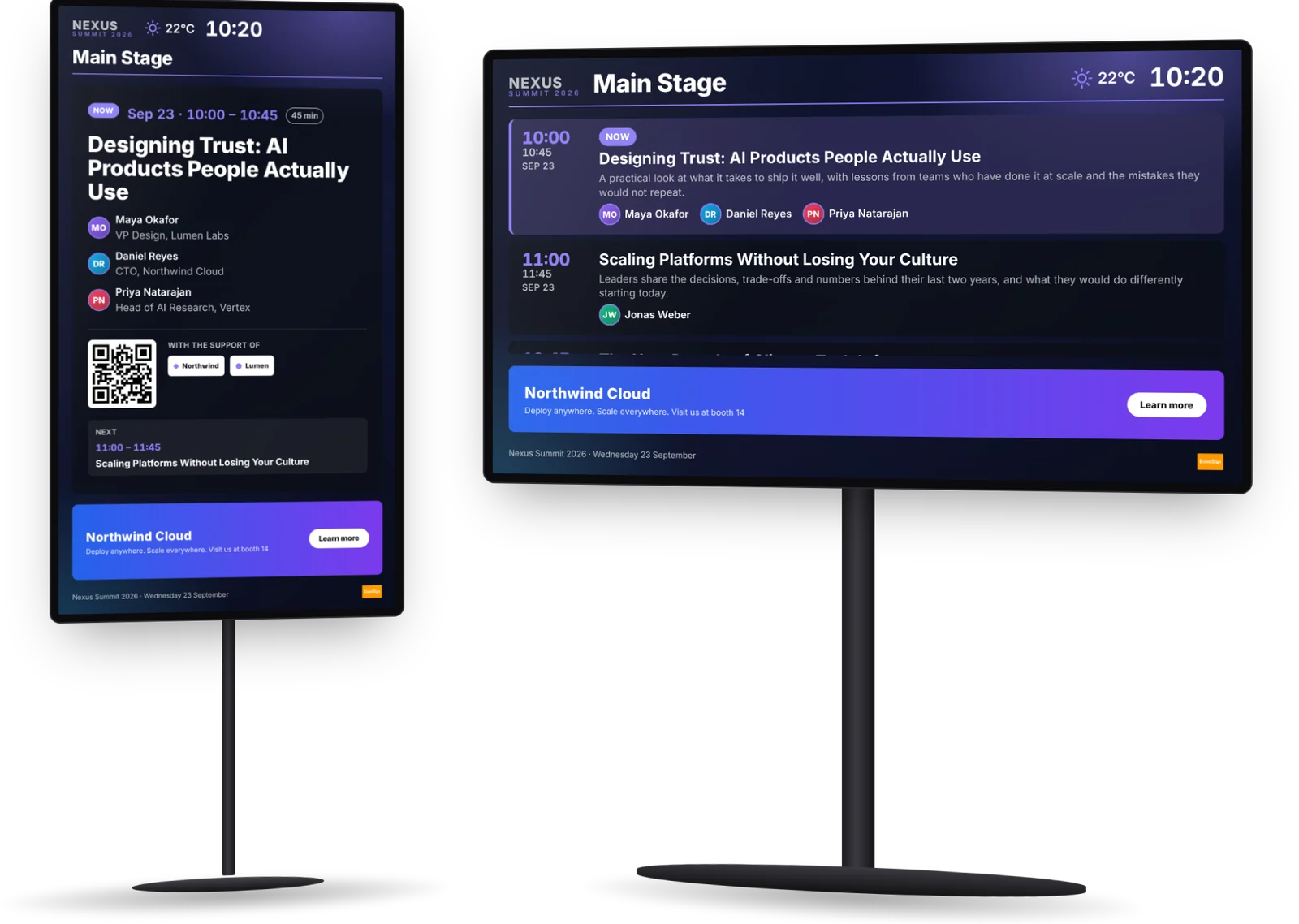 Two EventSign screens on slim stands: a portrait screen showing the live session in Main Stage with its speakers, and a landscape screen showing the room agenda with a sponsor banner