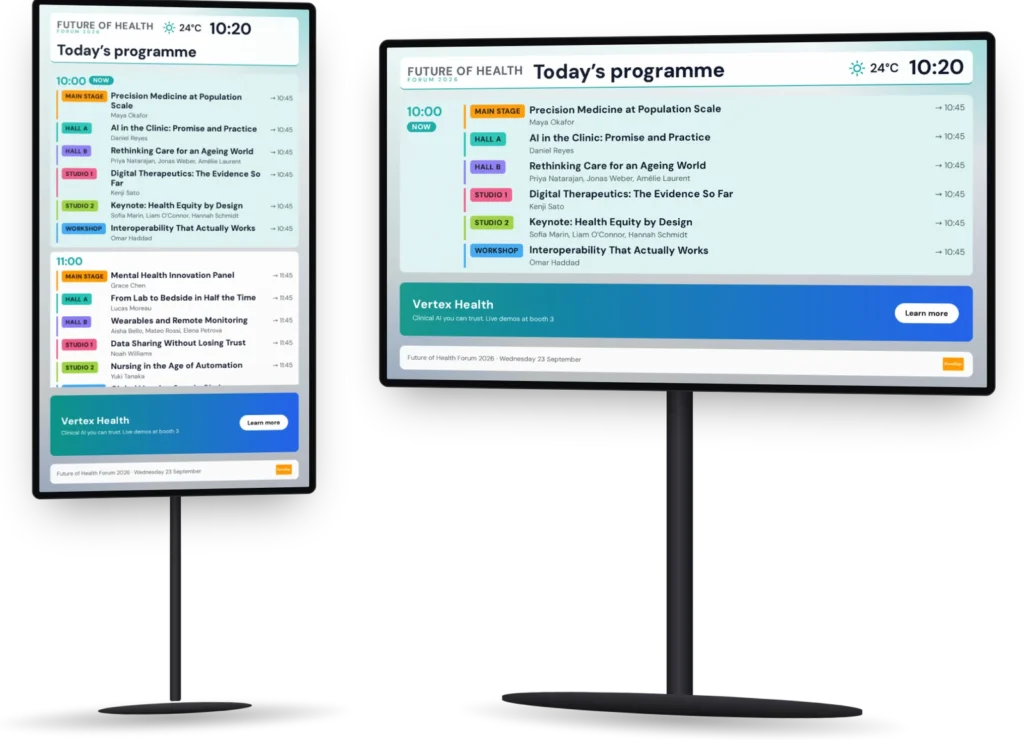 Two EventSign multi-room boards on stands, portrait and landscape, showing today's programme across every room of a fictional event