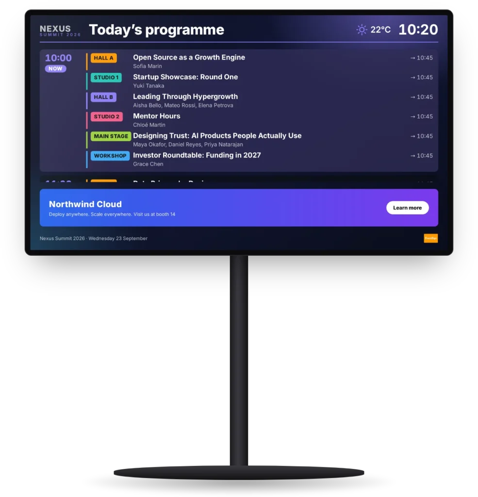 A landscape EventSign screen on a stand showing today's programme across rooms, one colour per room