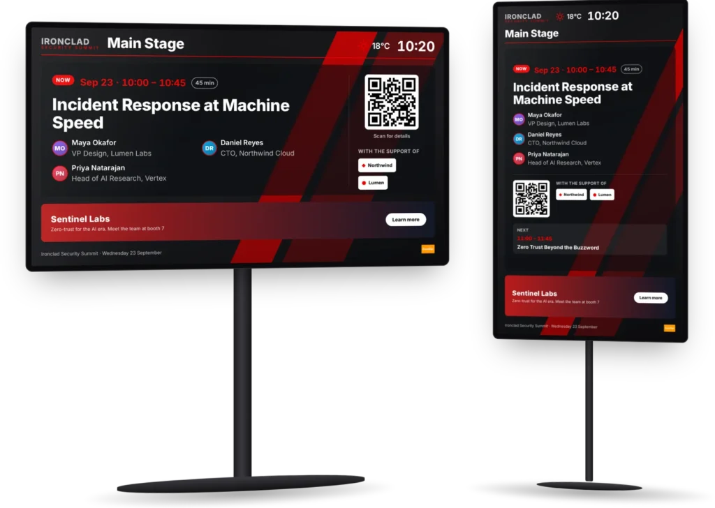 Live session screens in a red event design with sponsor logos and a sponsor banner, landscape and portrait