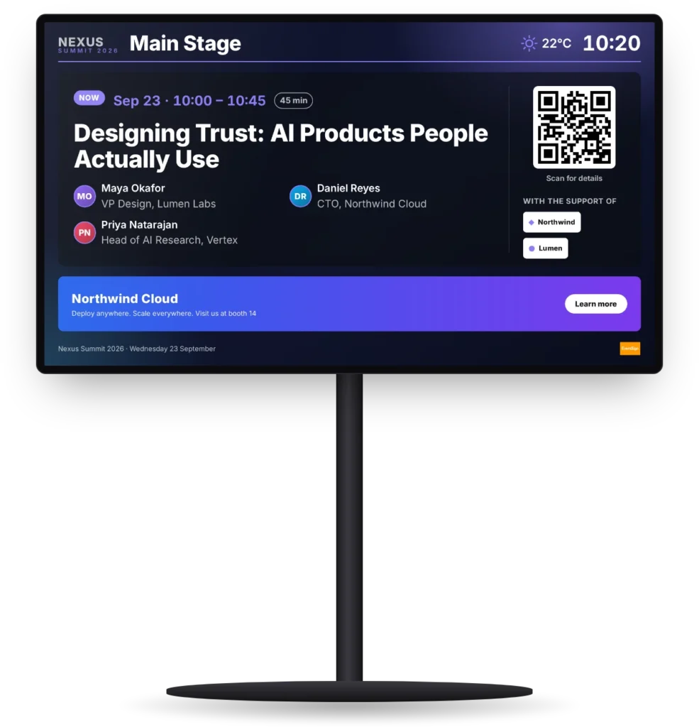 Live session screen: the session running now, its speakers with photos and roles, a QR code to the session page and the sponsors
